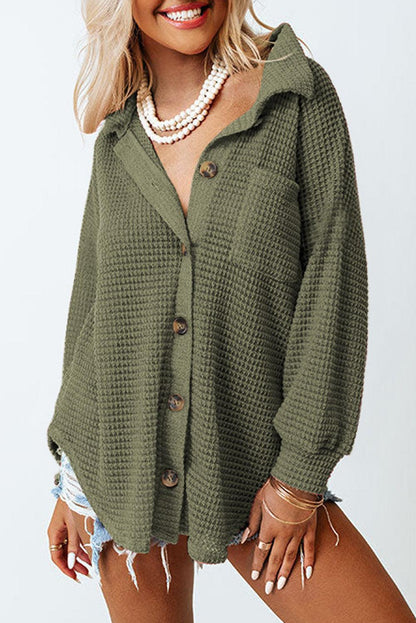 Khaki Waffle Knit Pocket Button Front Shacket - The Fair Lady Shop