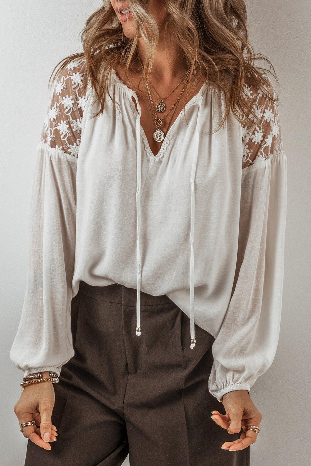 White Floral Lace Patchwork Lantern Sleeve V Neck Blouse - The Fair Lady Shop