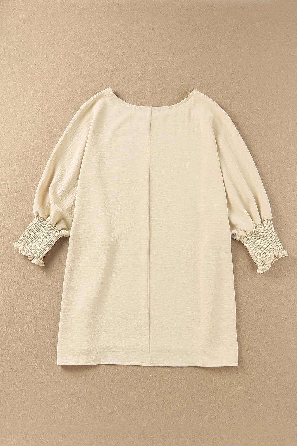 White Plain & Casual Shirred Cuffs Half Sleeve Top - The Fair Lady Shop