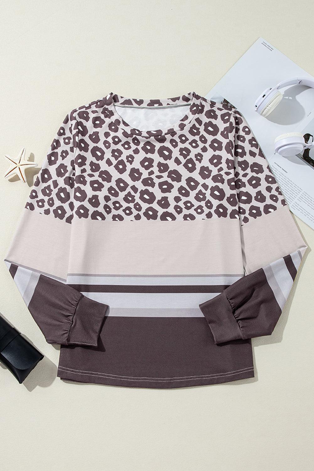 Khaki Leopard Striped Color Block Long Sleeve Top - The Fair Lady Shop