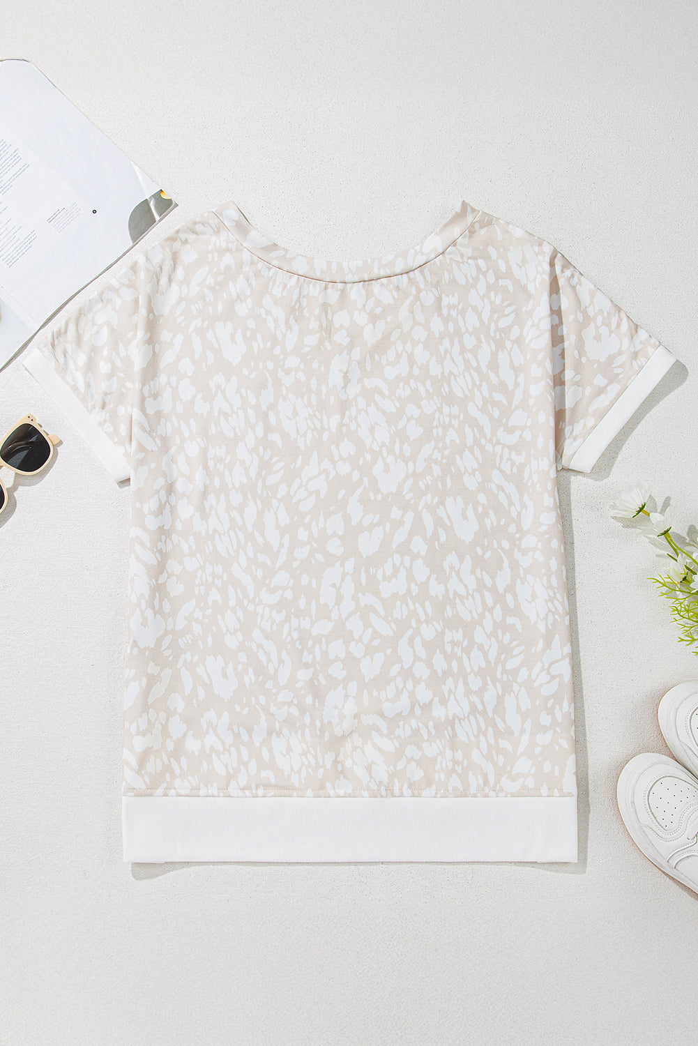 Khaki Leopard Print V Neck Side Slit Loose Fit T-Shirt - The Fair Lady Shop