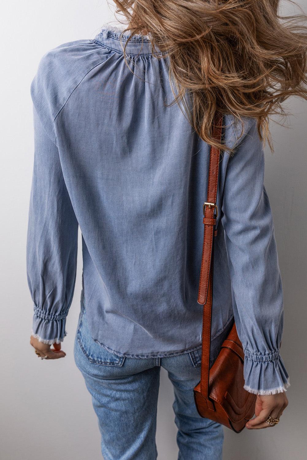 Sky Blue Frilled Raw Hem Half Buttoned Denim Top - The Fair Lady Shop