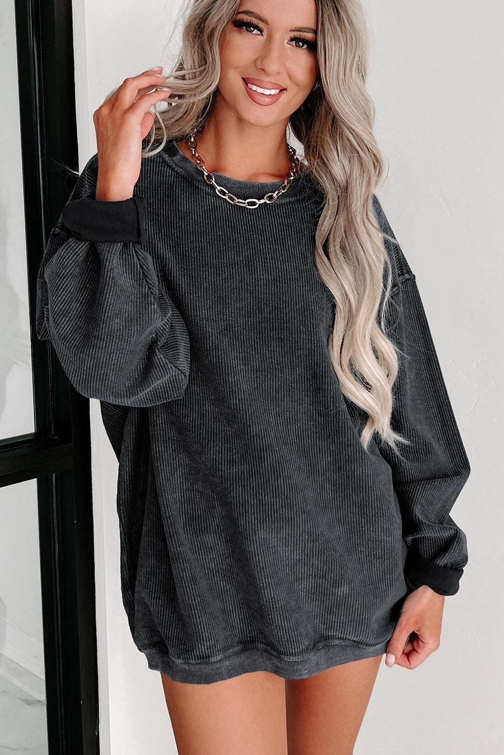 Khaki Solid Ribbed Round Neck Pullover Sweatshirt - The Fair Lady Shop