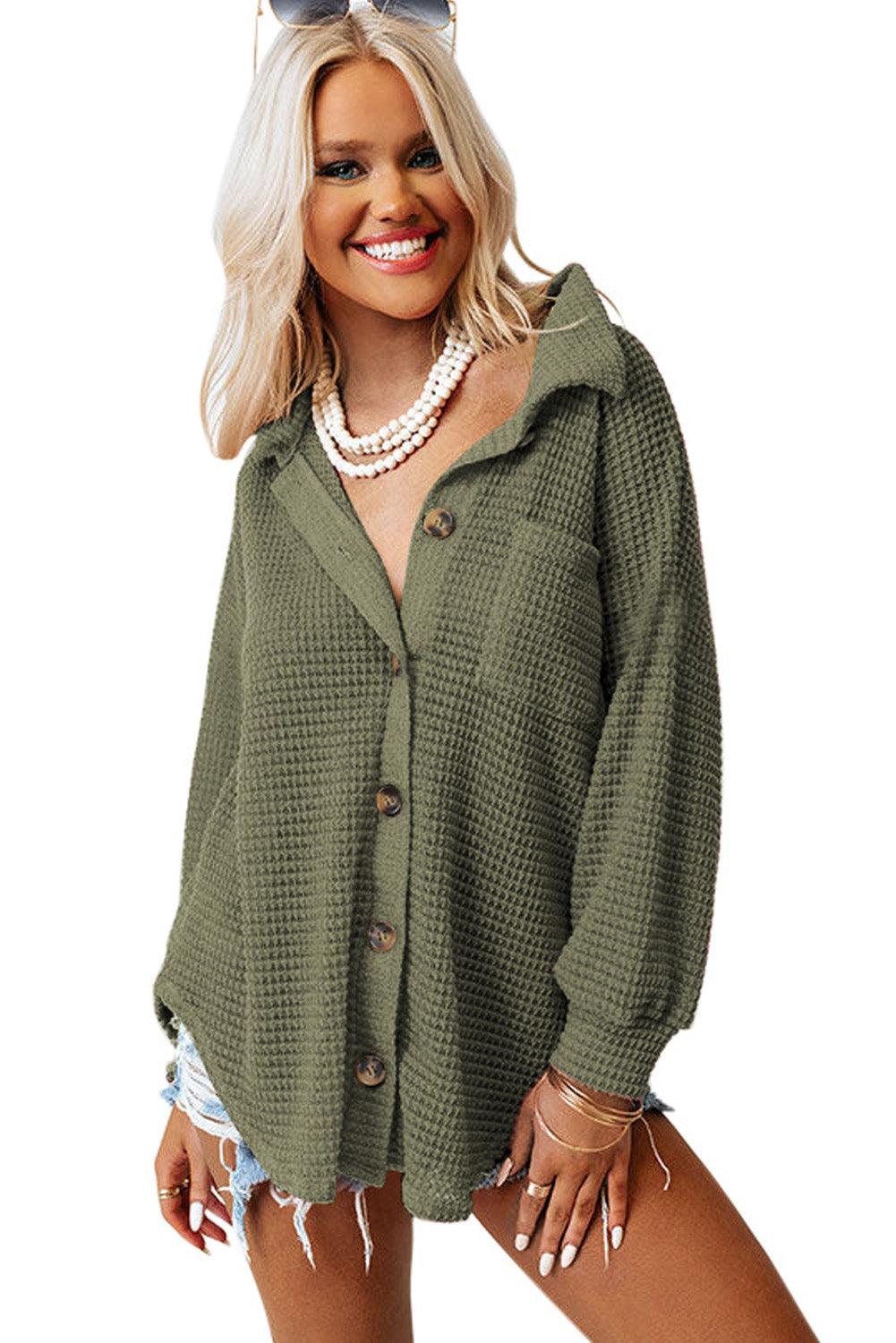 Khaki Waffle Knit Pocket Button Front Shacket - The Fair Lady Shop