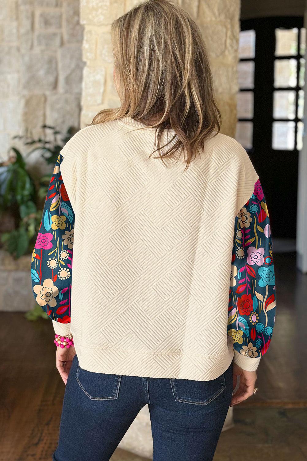 White Vintage Flower Patchwork Sleeve Textured Top - The Fair Lady Shop