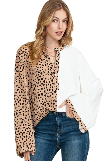 Khaki Leopard and White Patchwork Henley Blouse - The Fair Lady Shop