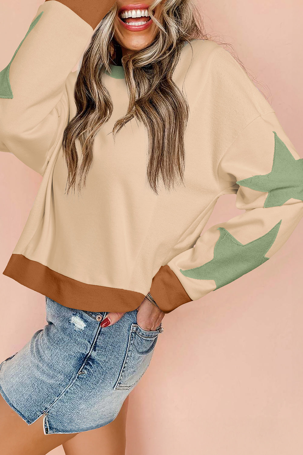 Parchment Star Patchwork Exposed Seam Oversized Sweatshirt - The Fair Lady Shop