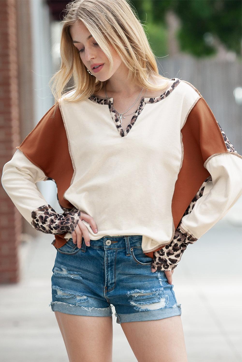 White Leopard Patchwork Notch Neck Thumbhole Long Sleeve Top - The Fair Lady Shop