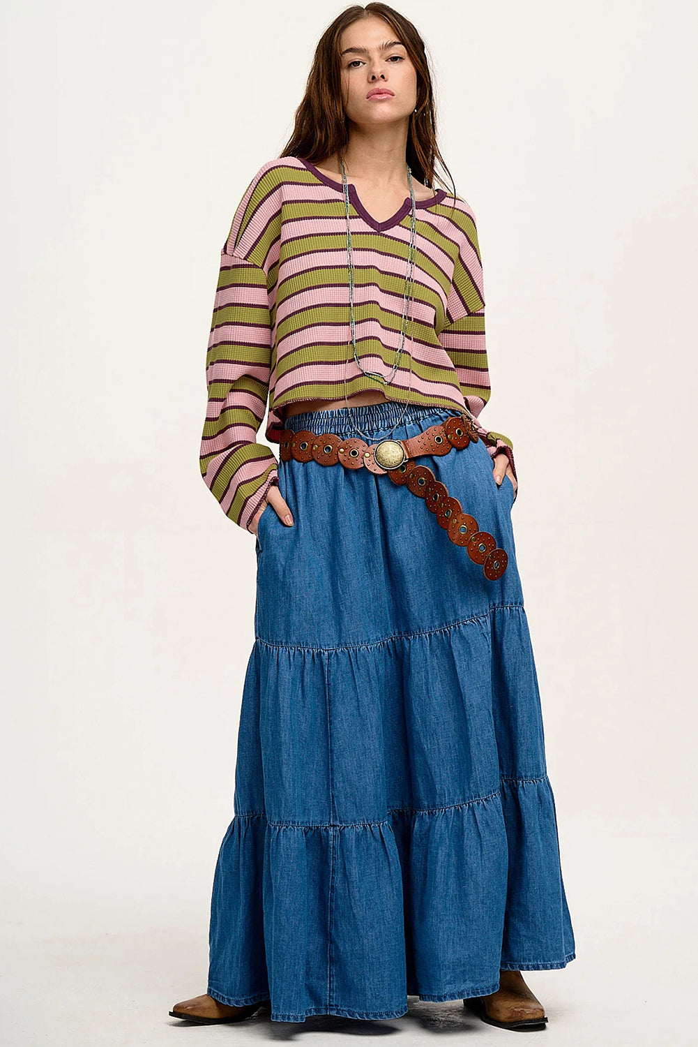 Spinach Green Striped V-Neck Rib-knit Pullover Top - The Fair Lady Shop