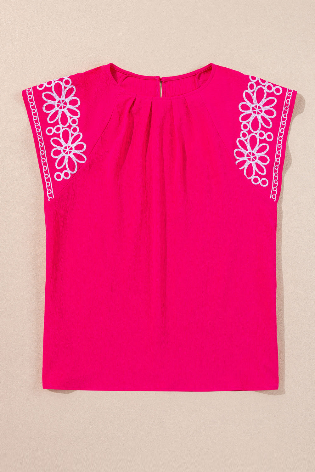 Strawberry Pink Floral Embroidered Flutter Sleeve Pleated Round Neck Plus Size Blouse - The Fair Lady Shop