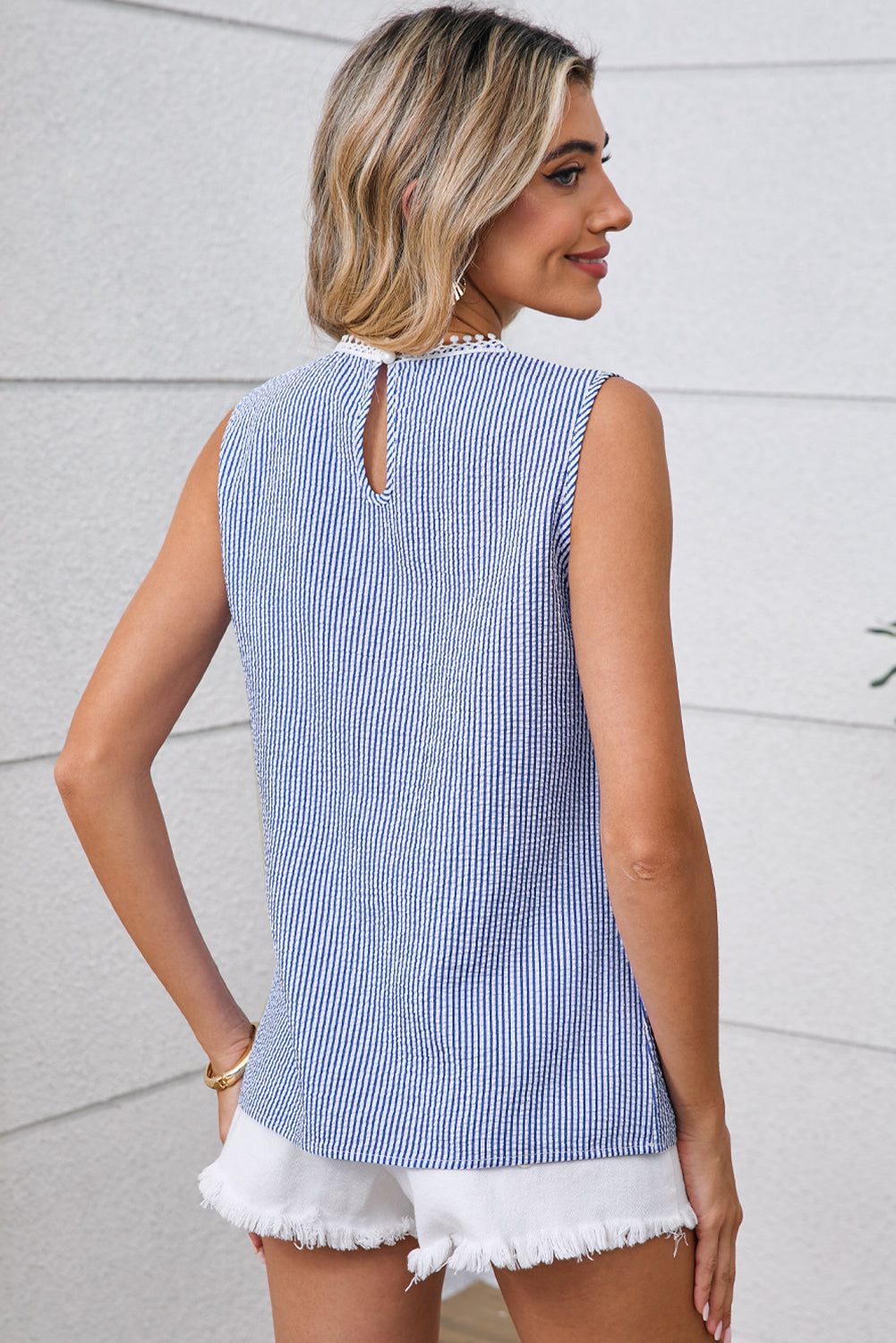 Sky Blue Stripe Lace Detail Crinkle Sleeveless Blouse - The Fair Lady Shop