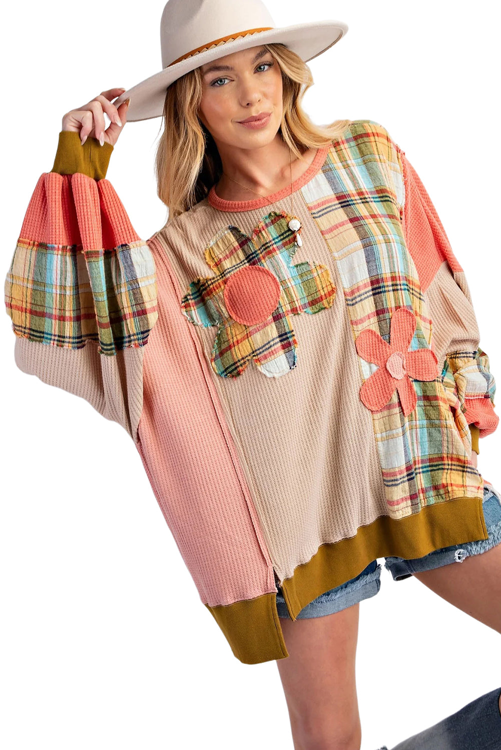 Multicolor Plaid Flower Patchwork Waffle Drop Shoulder Loose Top - The Fair Lady Shop