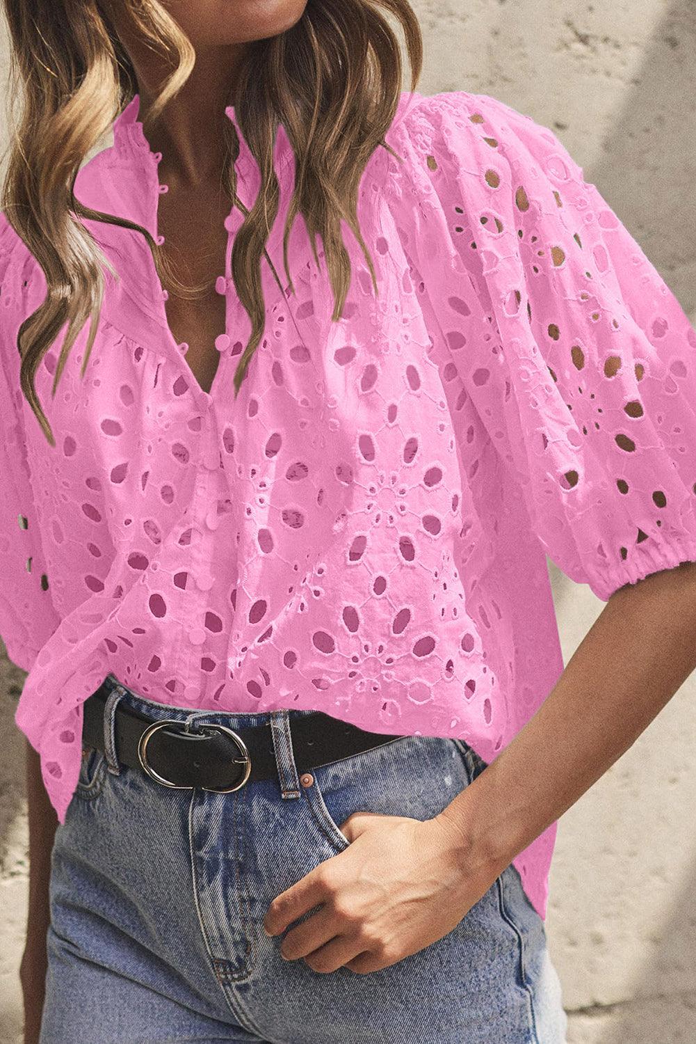 Bonbon Hollow-out Flower Embroidered Short Puff Sleeve Blouse - The Fair Lady Shop