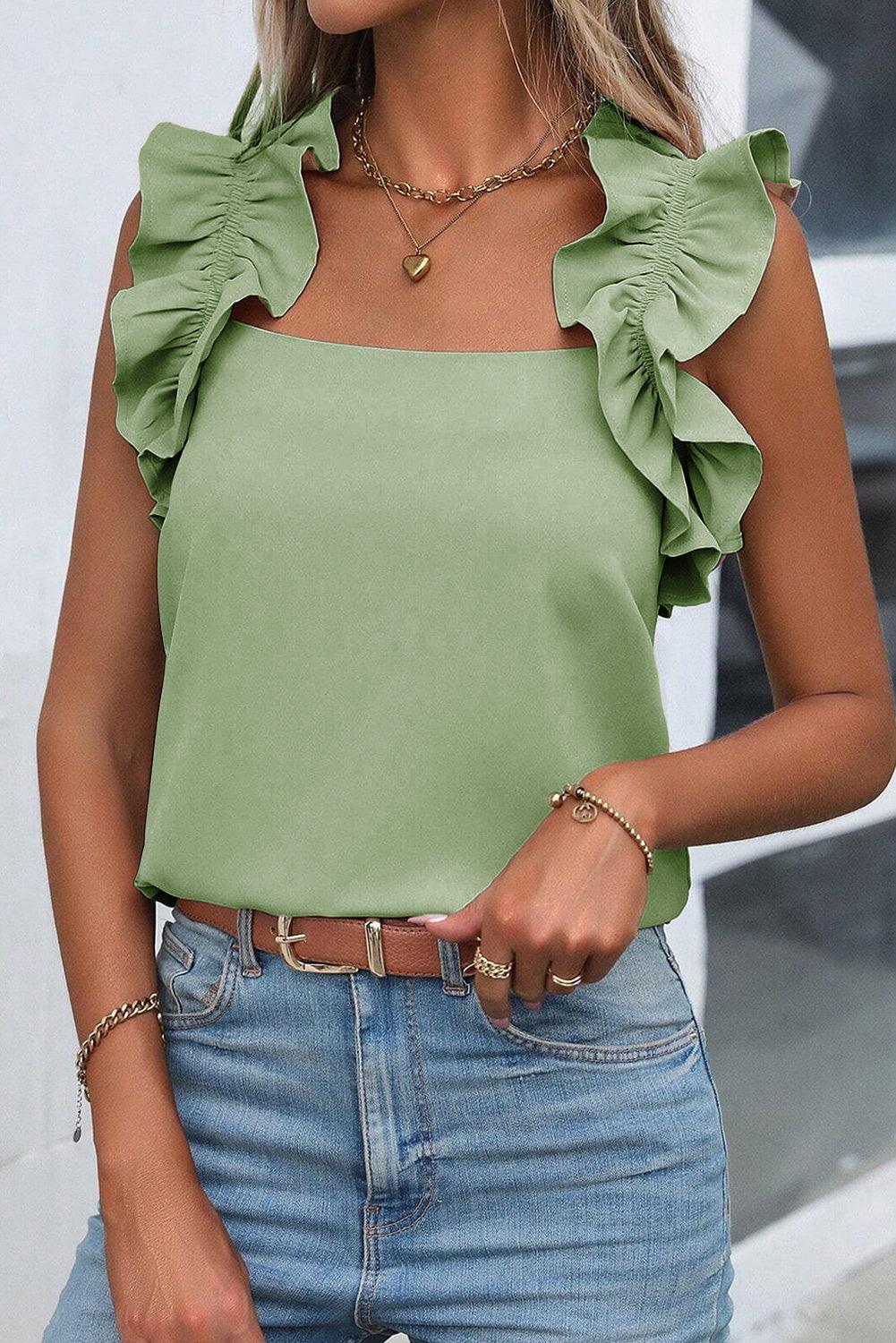 Oatmeal Solid Ruffle Trim Sleeveless Blouse - The Fair Lady Shop