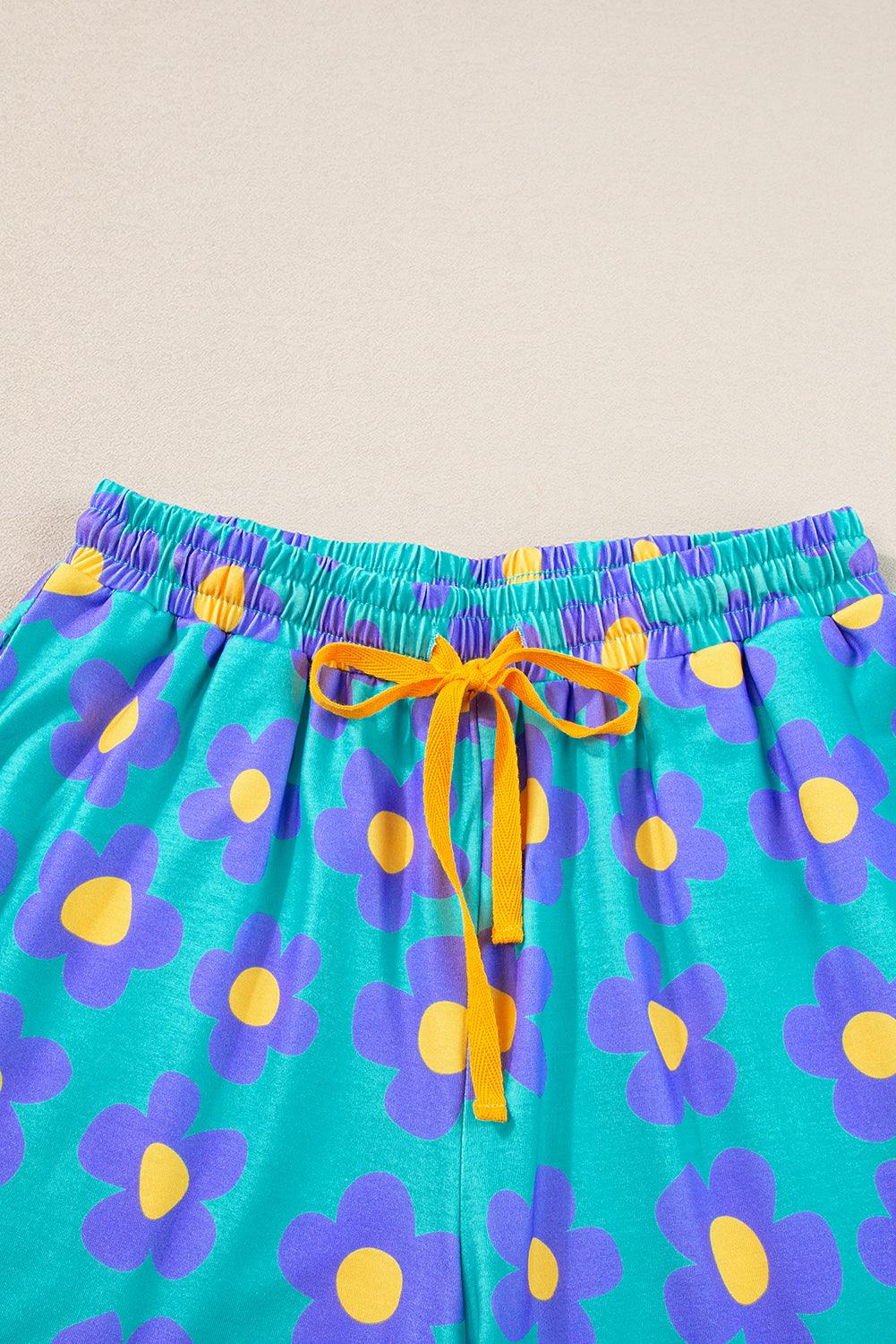 Green Flower Print Buttoned Shirt and Drawstring Waist Pajama Set - The Fair Lady Shop