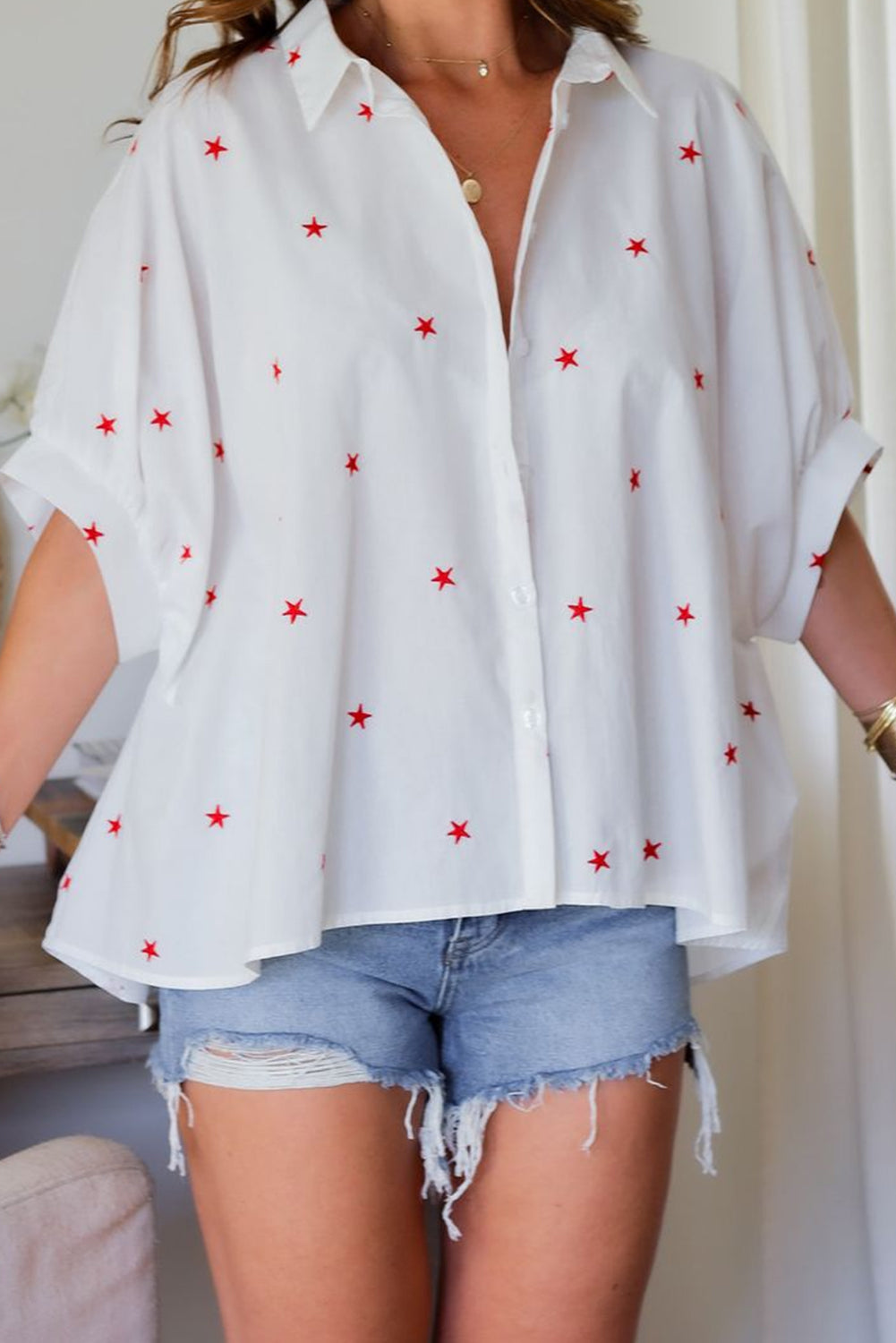 White Stars Half Puff Sleeve Loose Shirt - The Fair Lady Shop