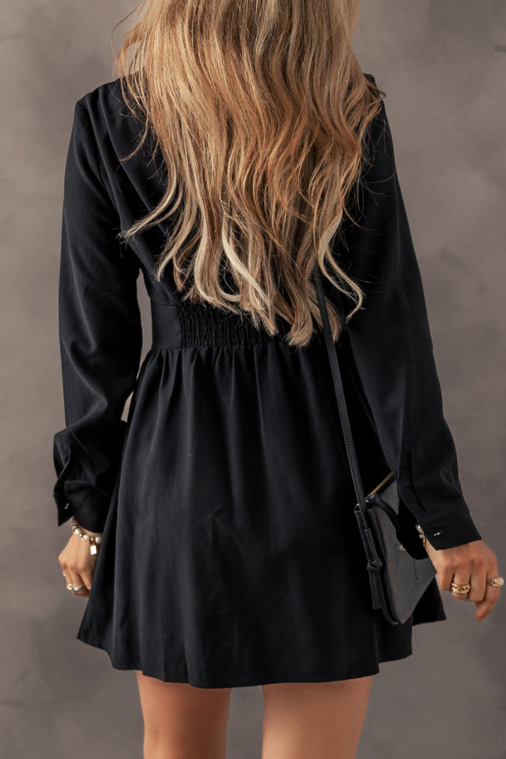 Black Buttoned High Waist Long Sleeve Mini Dress - The Fair Lady Shop