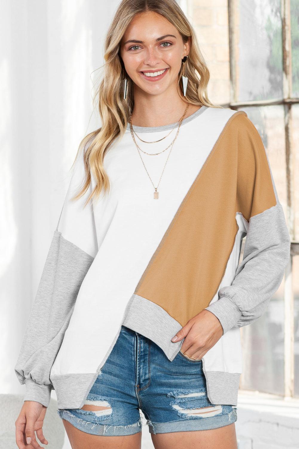 Pink Colorblock Stitching Irregular Hem Long Sleeve Top - The Fair Lady Shop