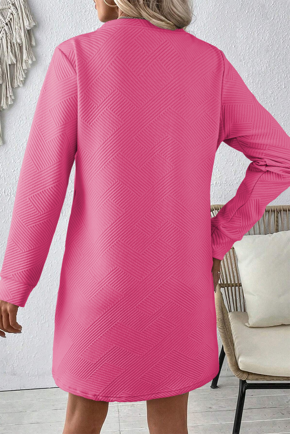 Apricot Plain Textured Long Sleeve Shift Short Dress - The Fair Lady Shop