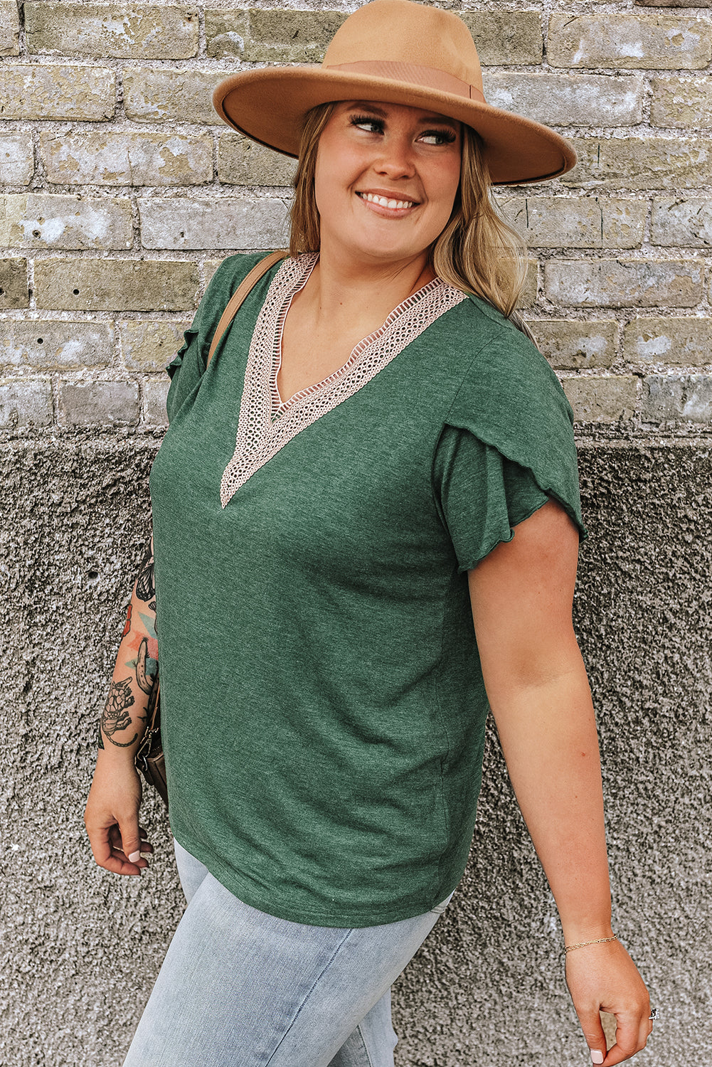 Blackish Green Plus Size Contrast V Neck Draped Sleeve Blouse - The Fair Lady Shop