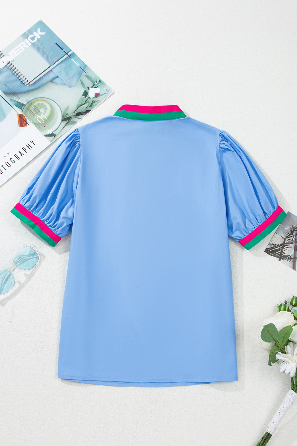 Sky Blue Puff Sleeve Pop of Color Neckline Blouse - The Fair Lady Shop