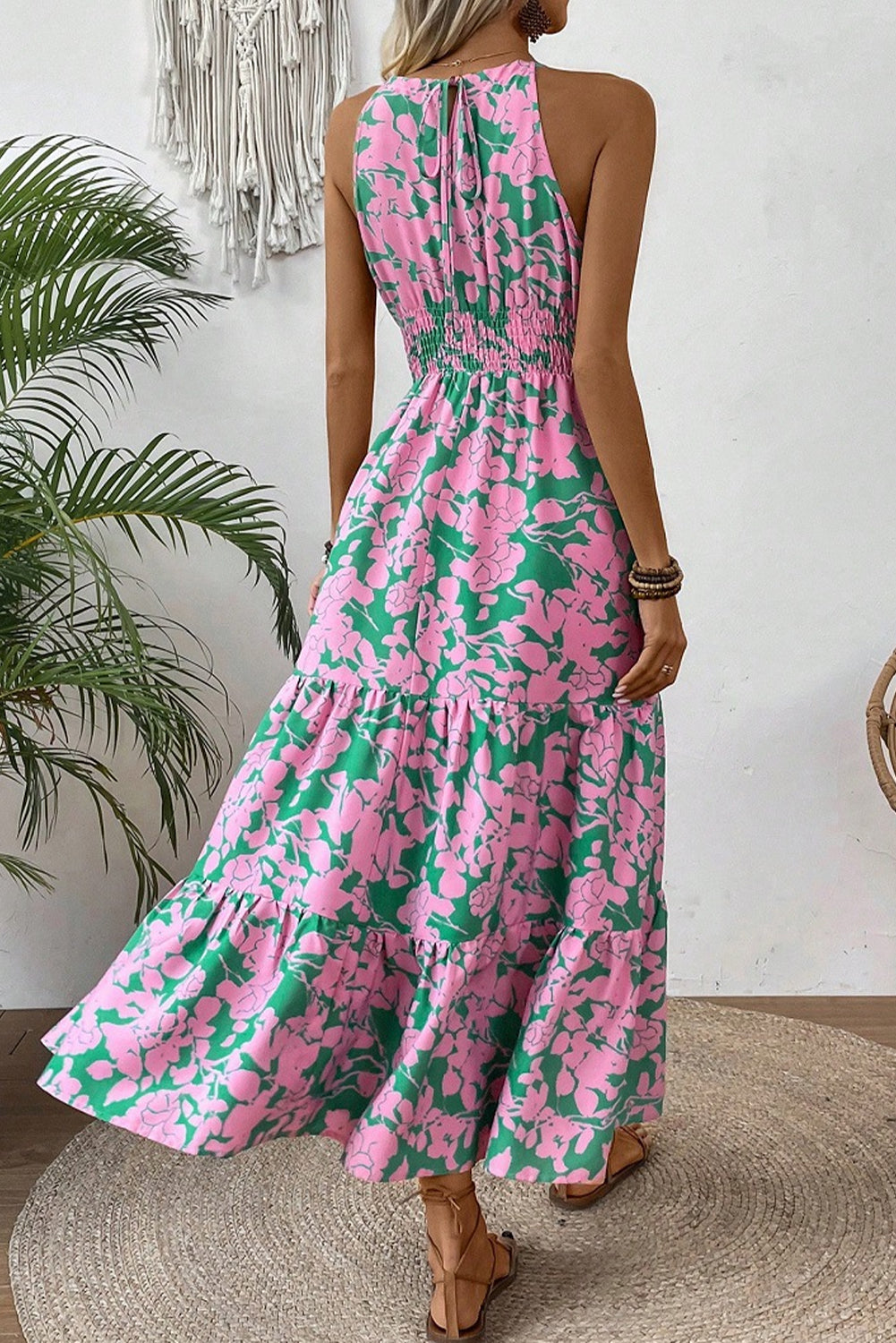 Pink Floral Shirred High Waist Tiered Halter Dress - The Fair Lady Shop