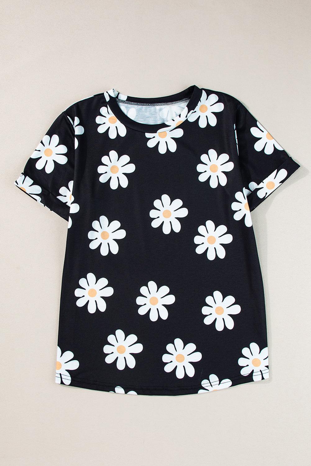 Sky Blue Daisy Print Crewneck T Shirt - The Fair Lady Shop