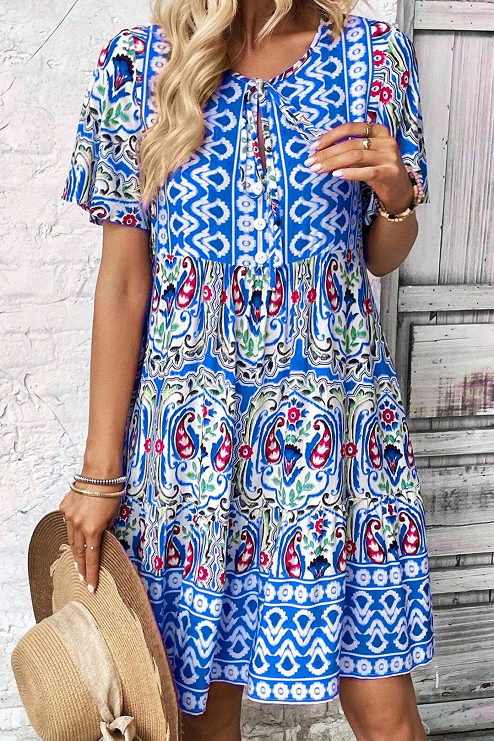 Orange Bohemian Tie Neck Flounce Sleeve Ruffle Hem Mini Dress - The Fair Lady Shop