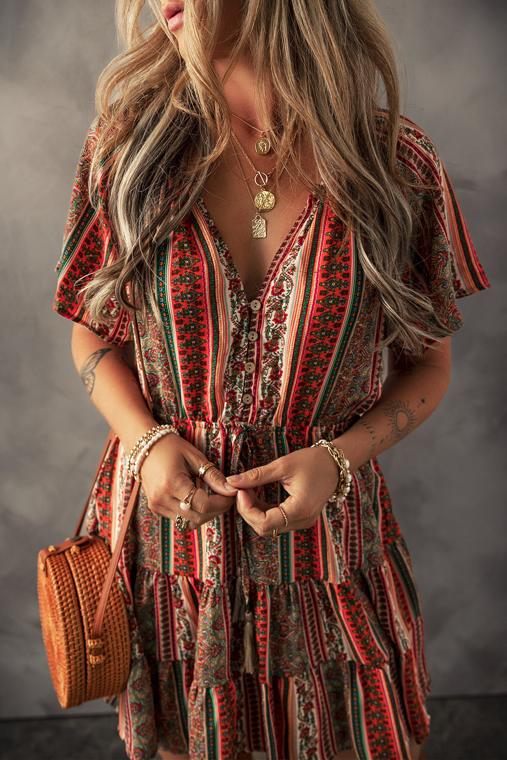 Red Bohemian Floral Print Buttoned V Neck Ruffle Tiered Dress - The Fair Lady Shop