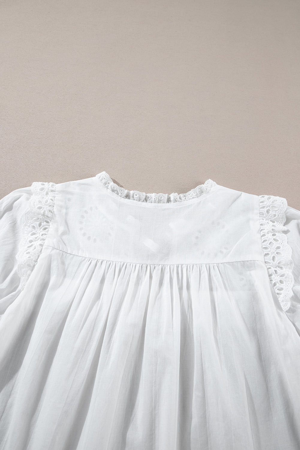 White Embroidered Lace Patchwork Tie Neck Half Sleeve Blouse - The Fair Lady Shop