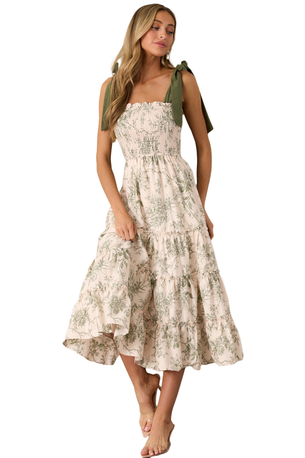 Green Floral Smocked High Waist Tiered Midi Dress - The Fair Lady Shop