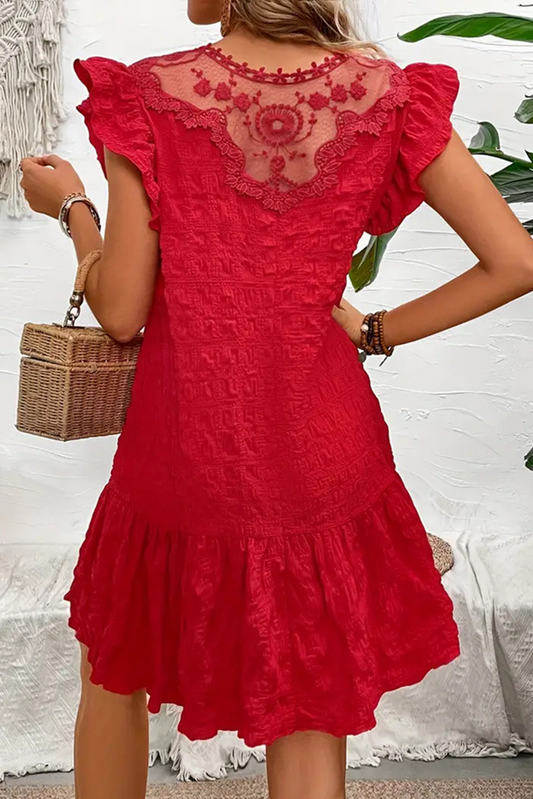 Fiery Red Solid Color Ruffle Trim Sleeveless Dress - The Fair Lady Shop