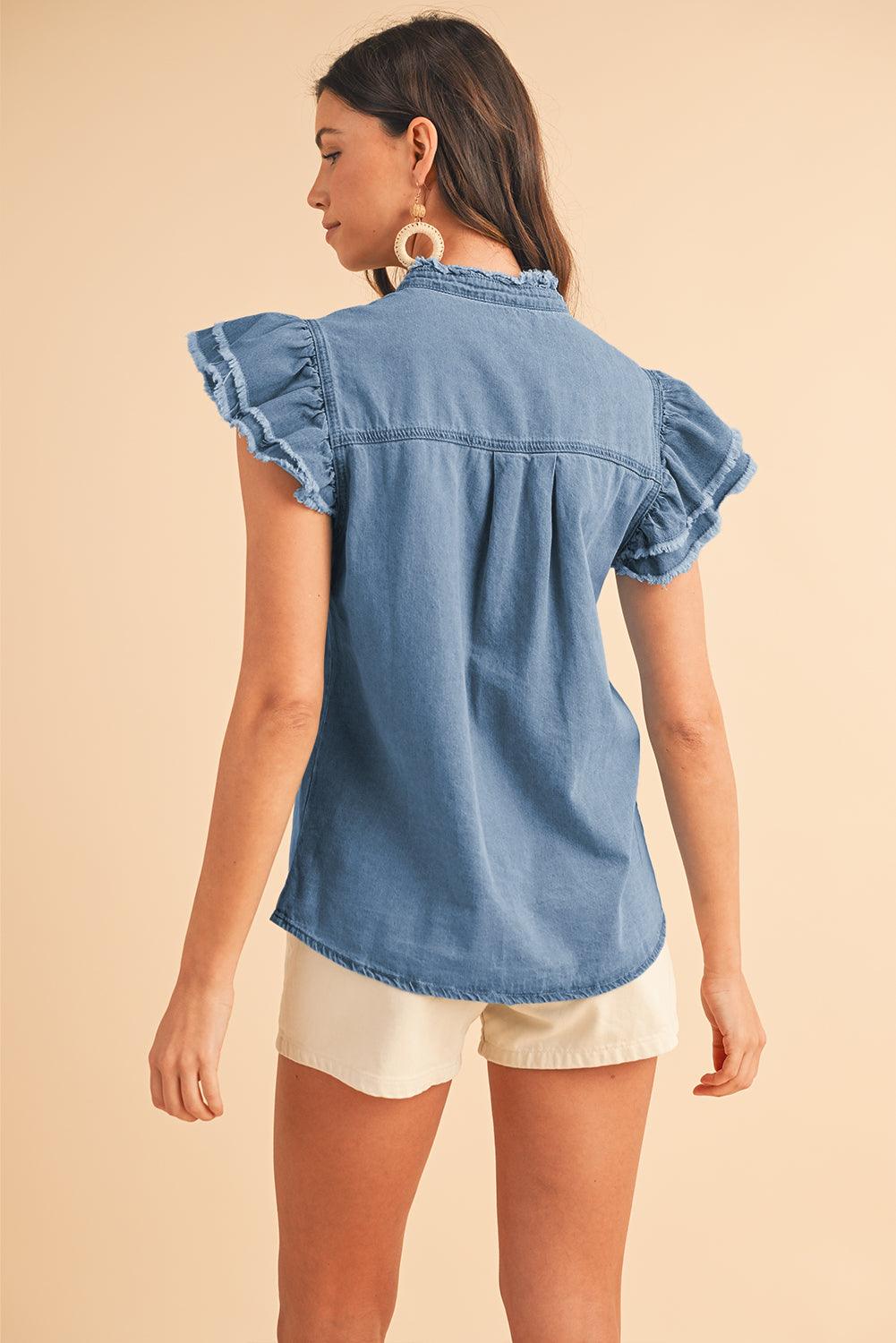 Ashleigh Blue Button Front Ruffled Flutter Frayed Denim Top - The Fair Lady Shop