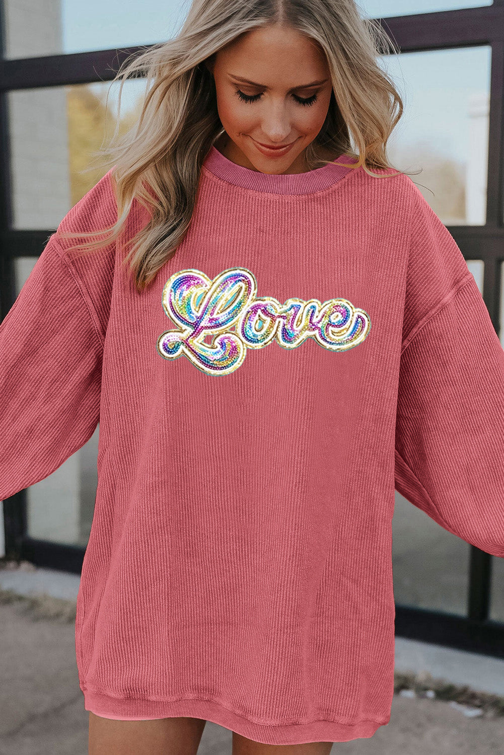 Strawberry Pink Sequin Love Graphic Corded Valentines Sweatshirt - The Fair Lady Shop