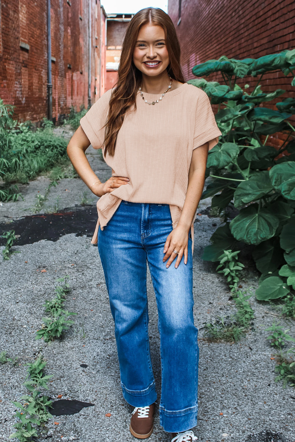 Jet Stream Textured Side Slits Short Sleeve Top - The Fair Lady Shop