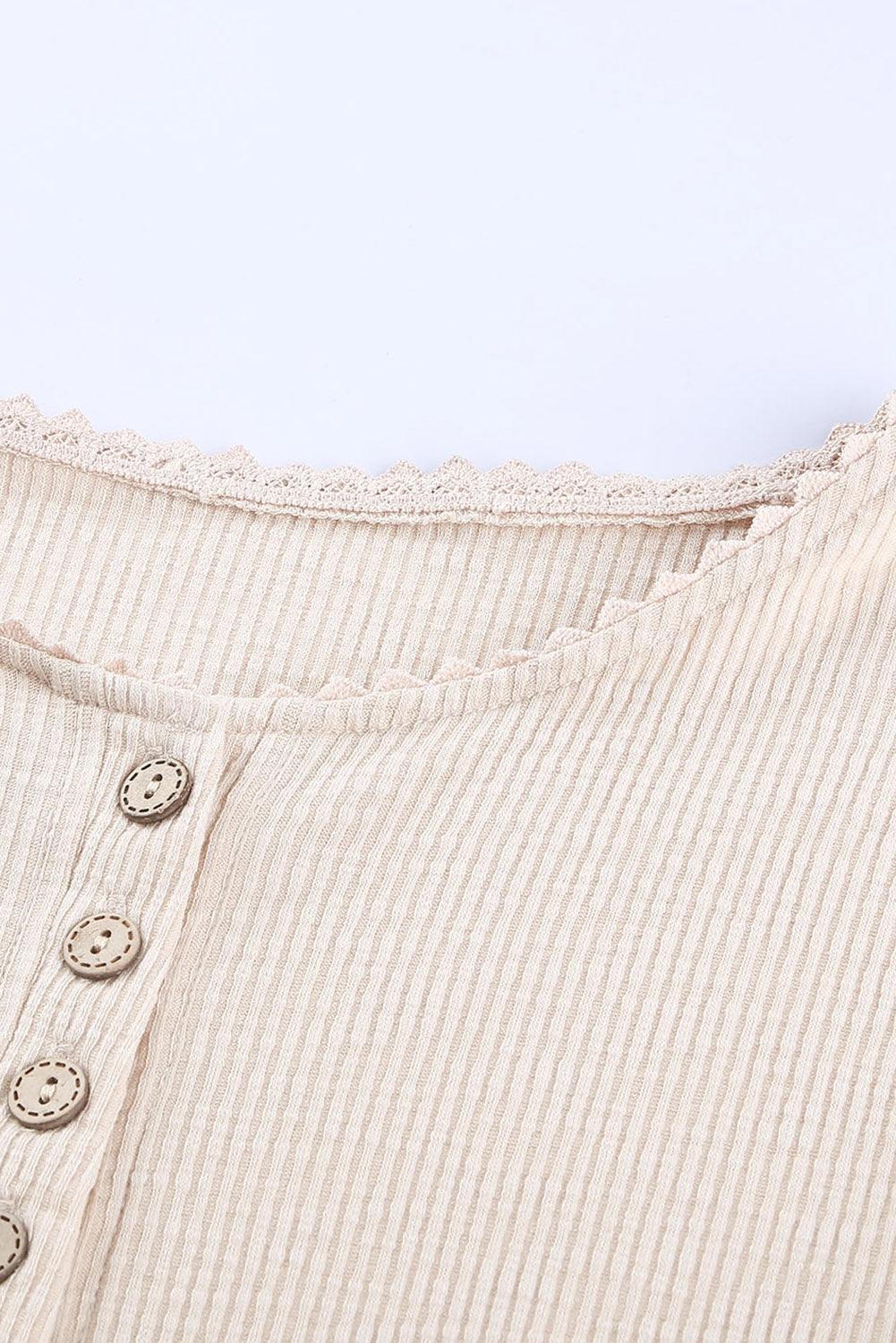 Beige Ribbed Lace Crochet Long Sleeve Henley Shirt for Women - The Fair Lady Shop