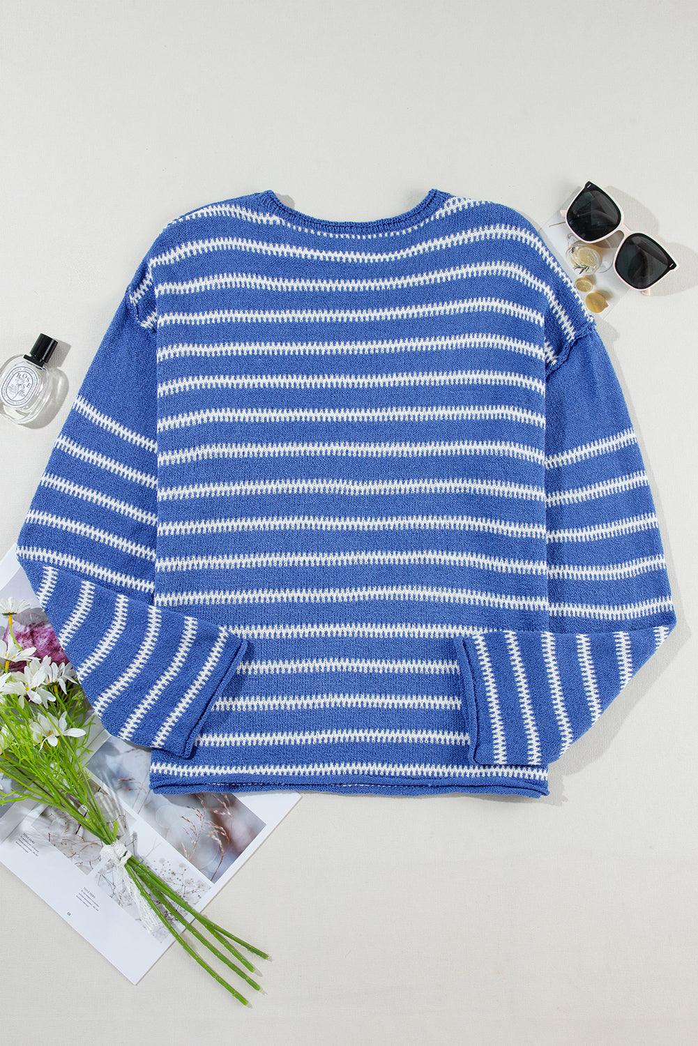 Khaki Casual Stripe Round Neck Drop Shoulder Sweater - The Fair Lady Shop