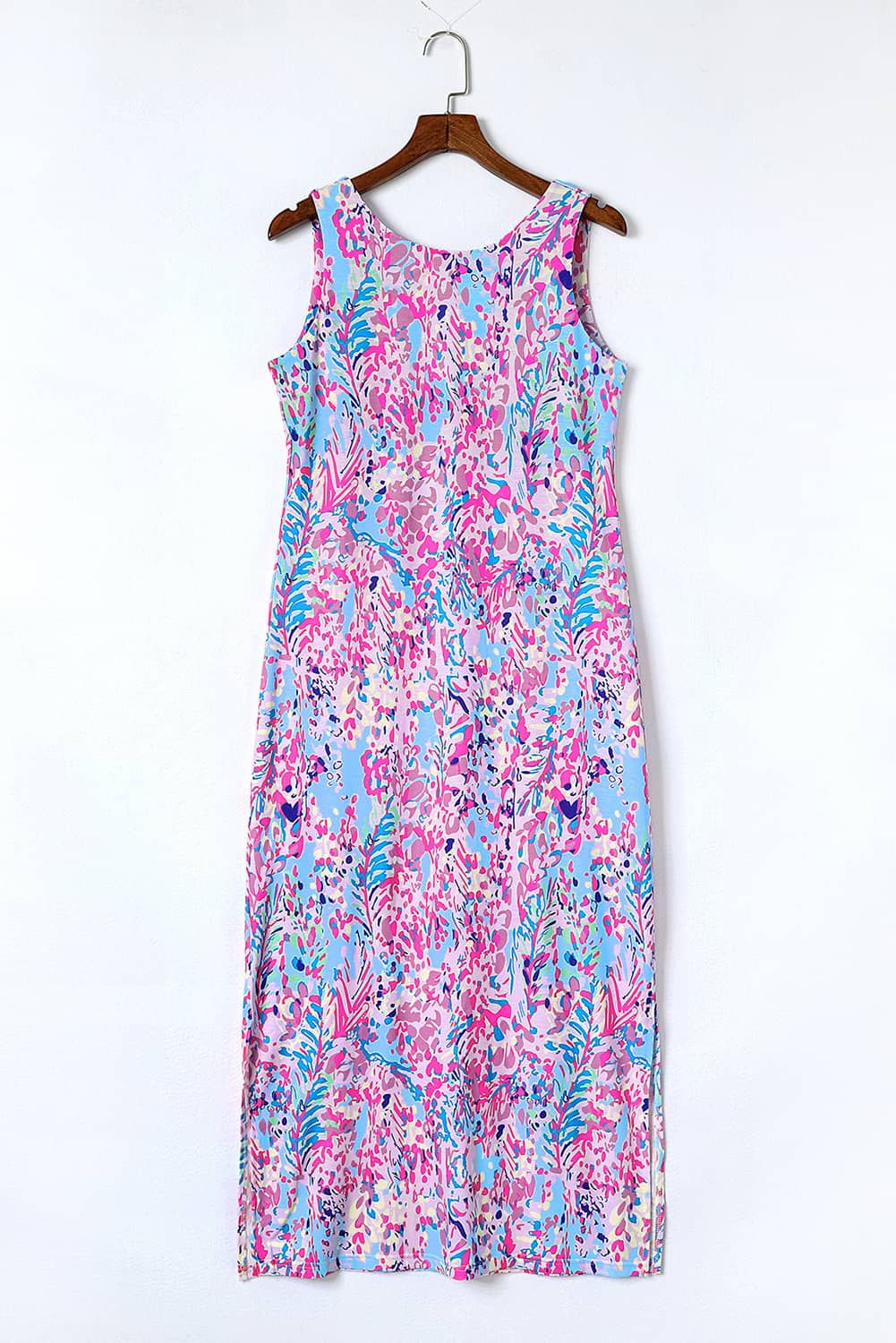 Purple Abstract Print Side Splits Round Neck Sleeveless Maxi Dress - The Fair Lady Shop