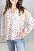 Beige Floral Print Waffle Patchwork Balloon Sleeve V Neck Oversized Top