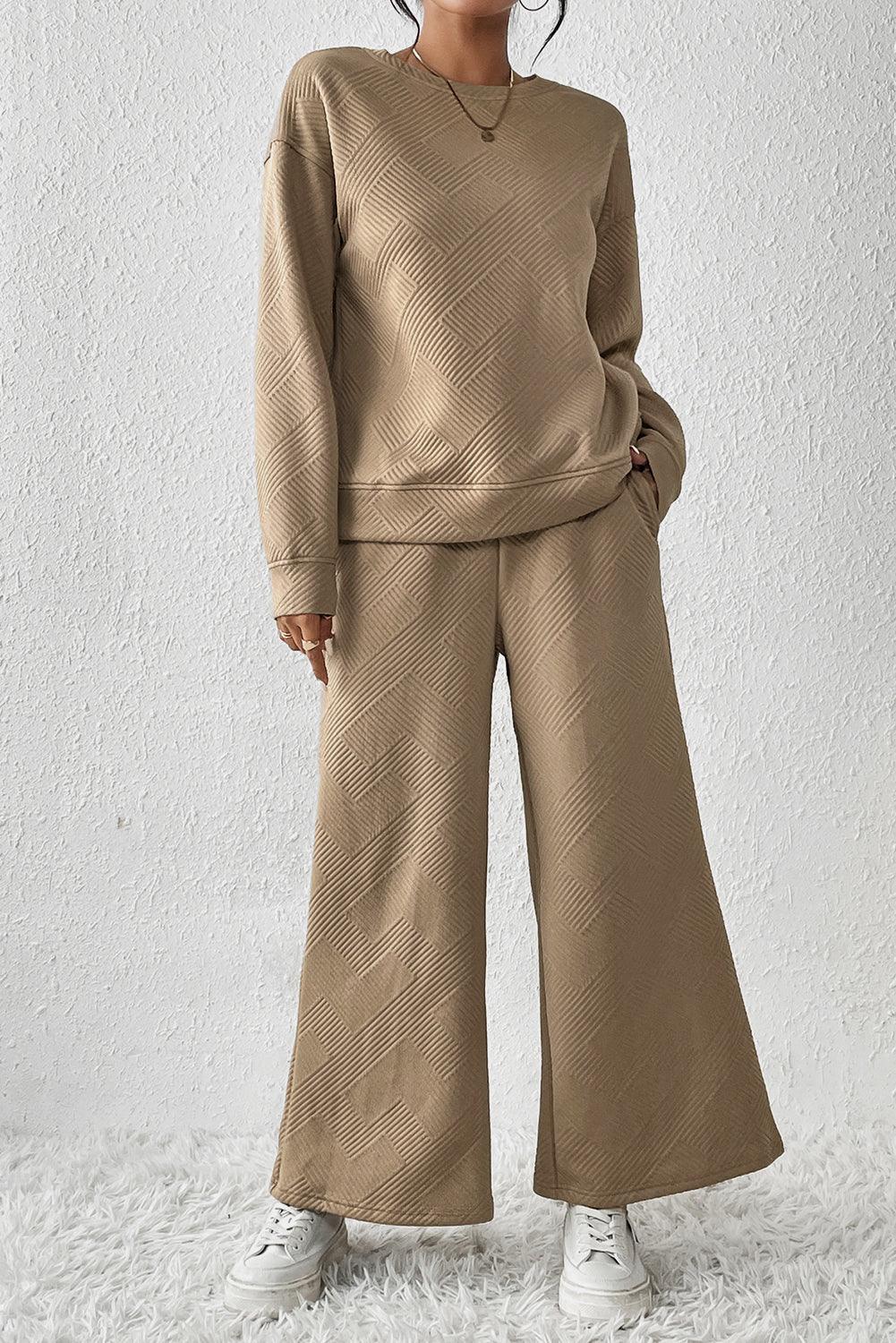 Dark Brown Textured Loose Slouchy Long Sleeve Top and Pants Set - The Fair Lady Shop