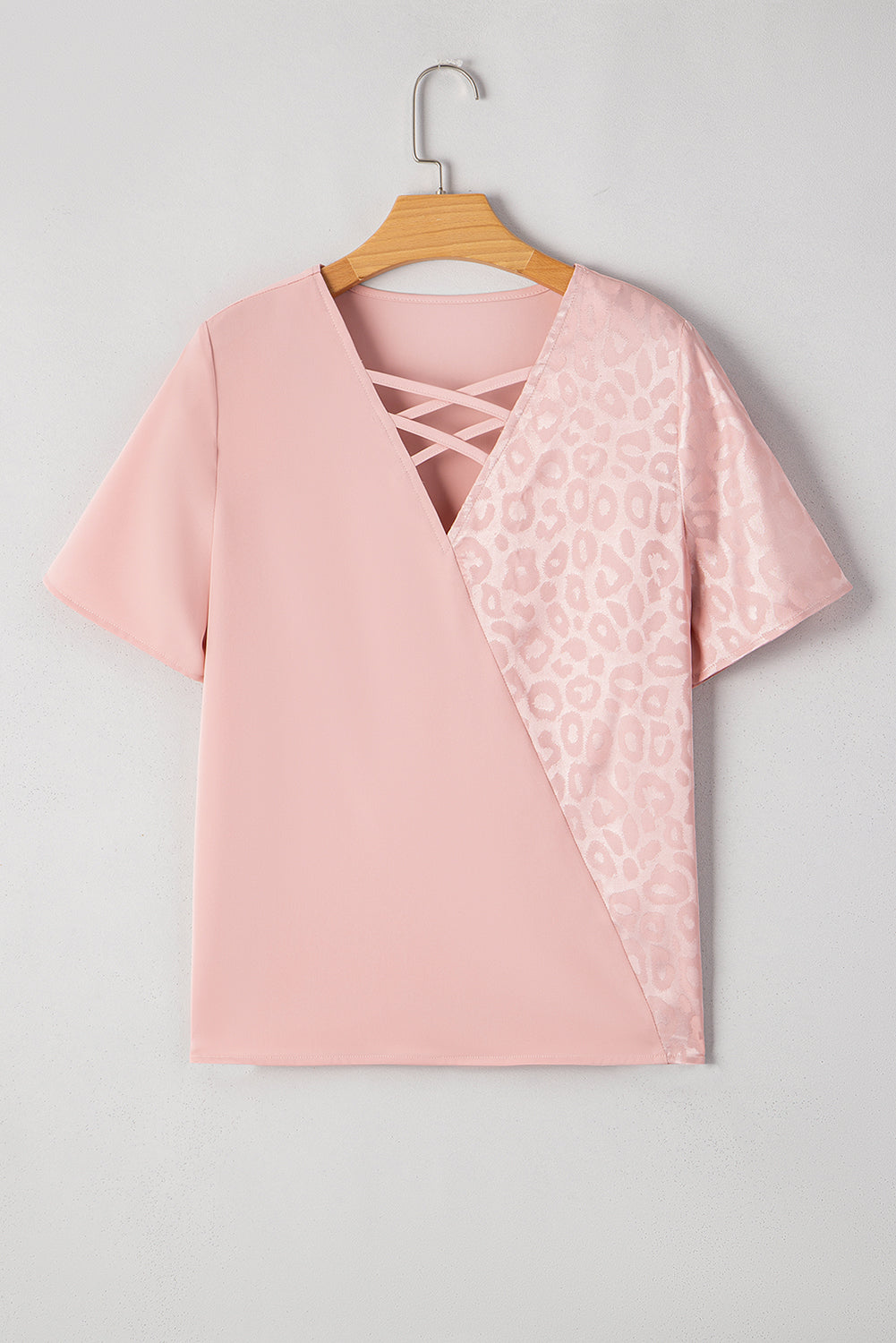 Apricot Pink Leopard Patchwork Cross Strappy V Neck Blouse - The Fair Lady Shop