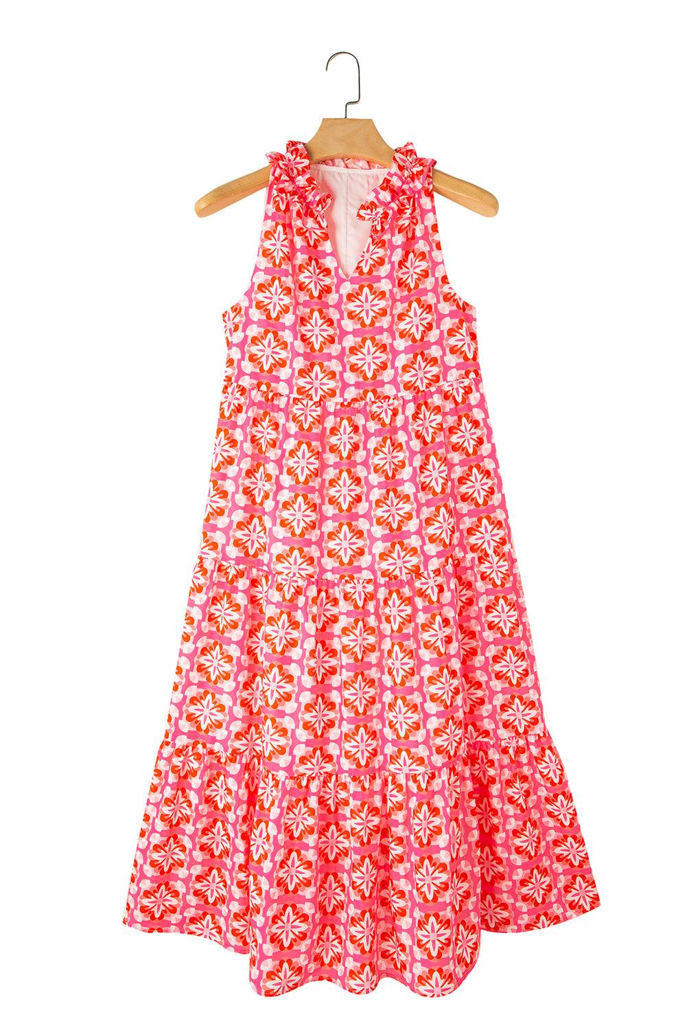 Sky Blue 60s Flower Split Neck Sleeveless Tiered Maxi Dress - The Fair Lady Shop