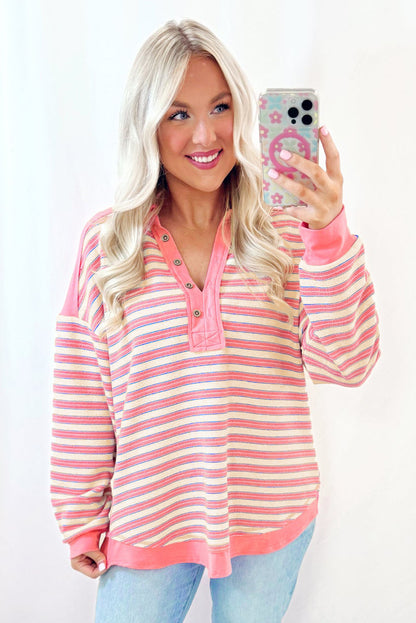 Pink Stripe Collared V Neck Drop Shoulder Top - The Fair Lady Shop