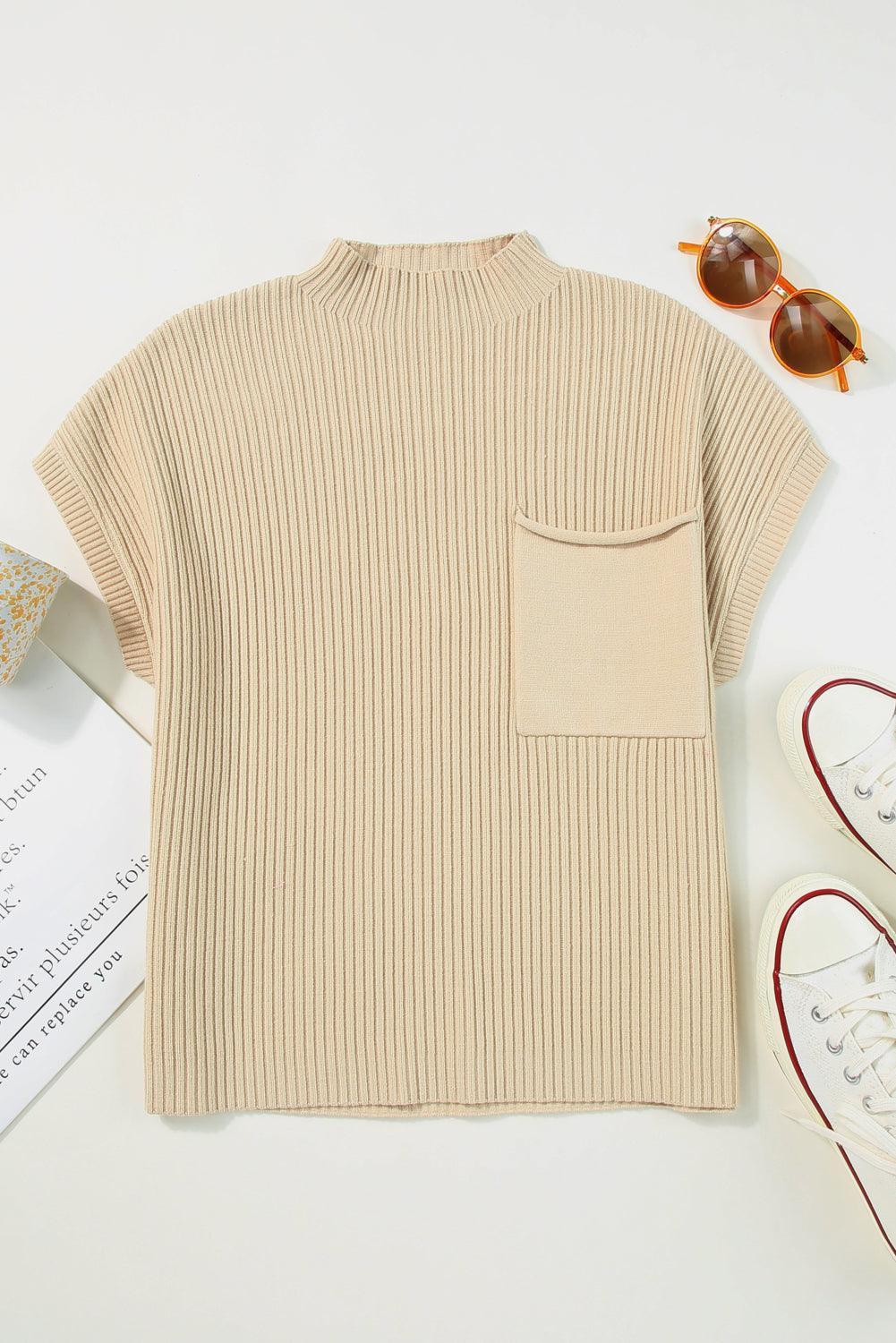 Green Patch Pocket Ribbed Knit Short Sleeve Sweater - The Fair Lady Shop