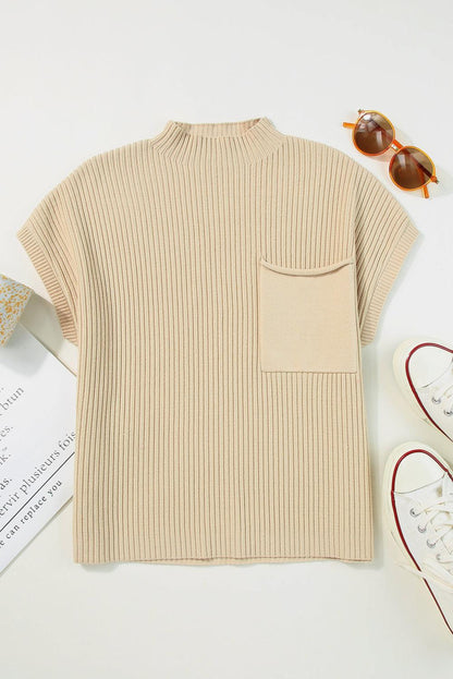 Green Patch Pocket Ribbed Knit Short Sleeve Sweater - The Fair Lady Shop