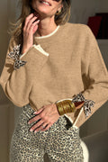 Tan Leopard Bow Decor Split Cuffs Contrast Trim Sweater