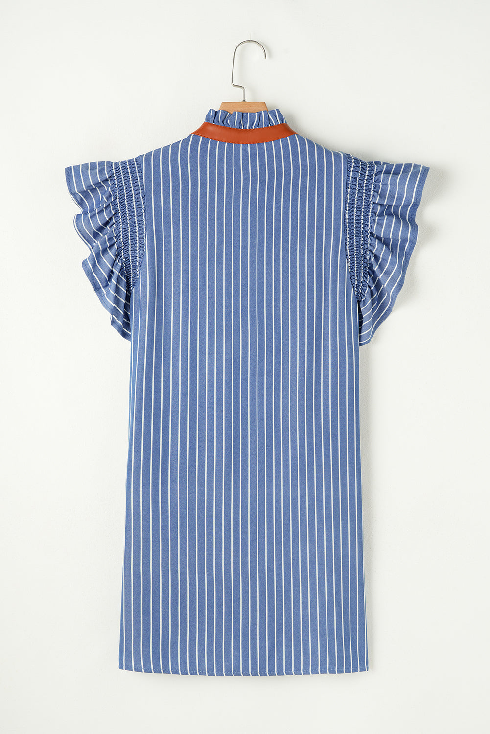 Sky Blue Stripe Frilly Split Neck Shirred Ruffle Sleeve Mini Shift Dress - The Fair Lady Shop
