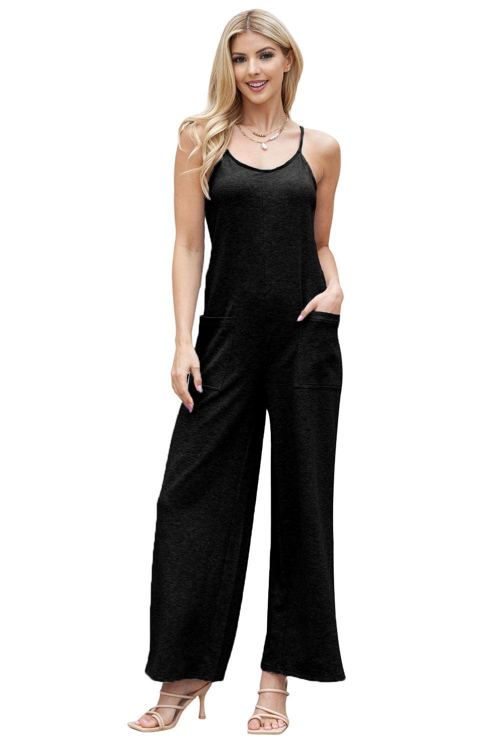 Black Loose Fit Side Pockets Spaghetti Strap Wide Leg Jumpsuit - The Fair Lady Shop