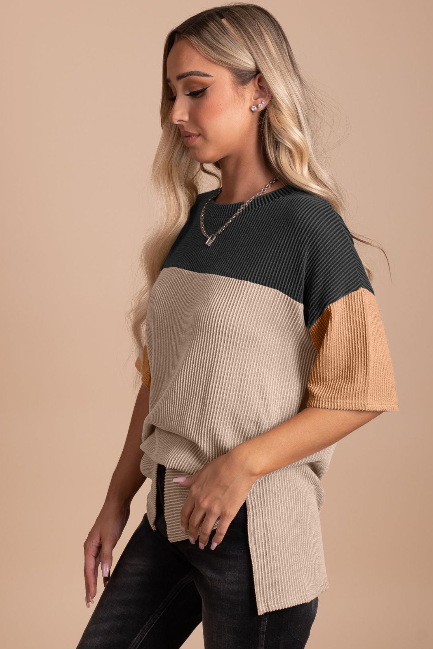 Black Color Block Ribbed Side Slits Half Sleeve Top - The Fair Lady Shop