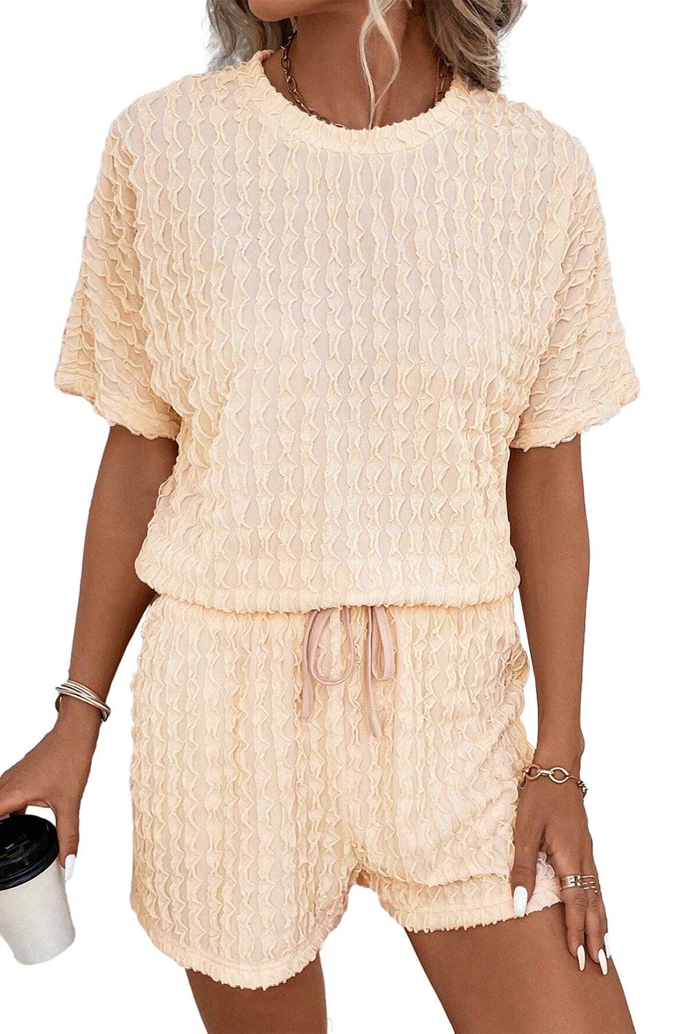 Beige Frill Textured Tee and Drawstring Shorts Set - The Fair Lady Shop